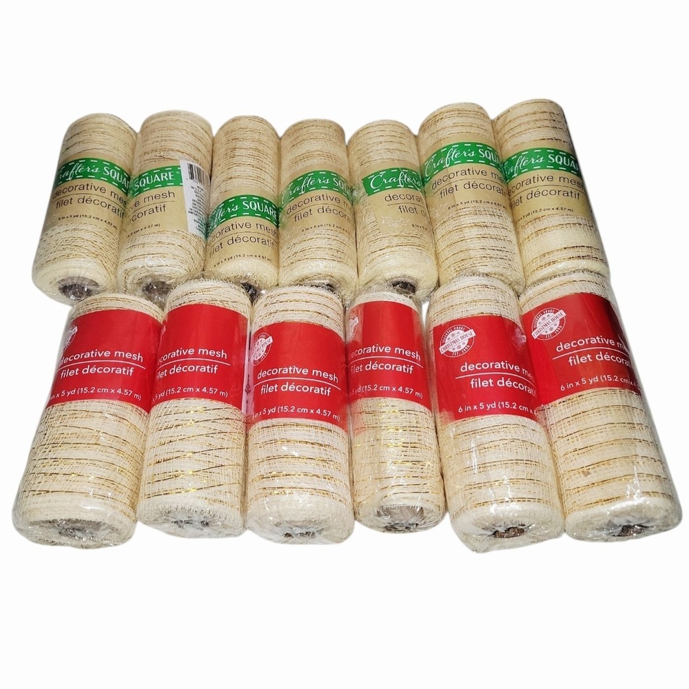 13 Rolls Decorative Mesh Ribbon Cream Gold 6 in x 5 yd Crafter's Square NIP